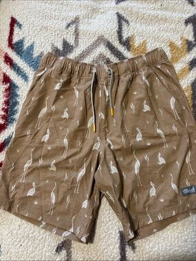 Men's Brown Crane-Print Swim Hybrids with Drawstring
